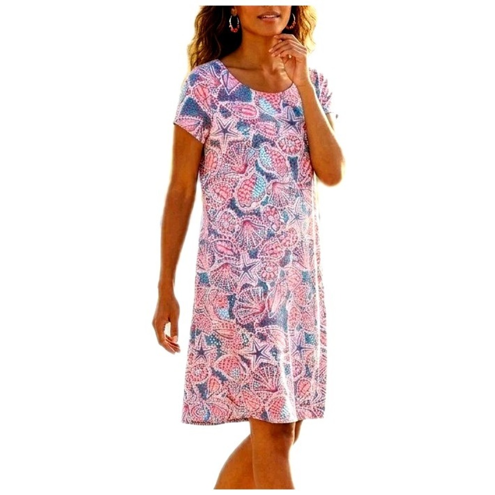 Hatley Knit Dress Womens Size L Pink Multicolor Seashell Beach Print Stretch
